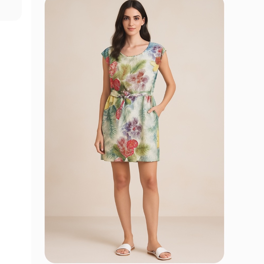 Hugo Boss Tropical Floral Print Belted Sheath Dress Resortwear Beach Vacations